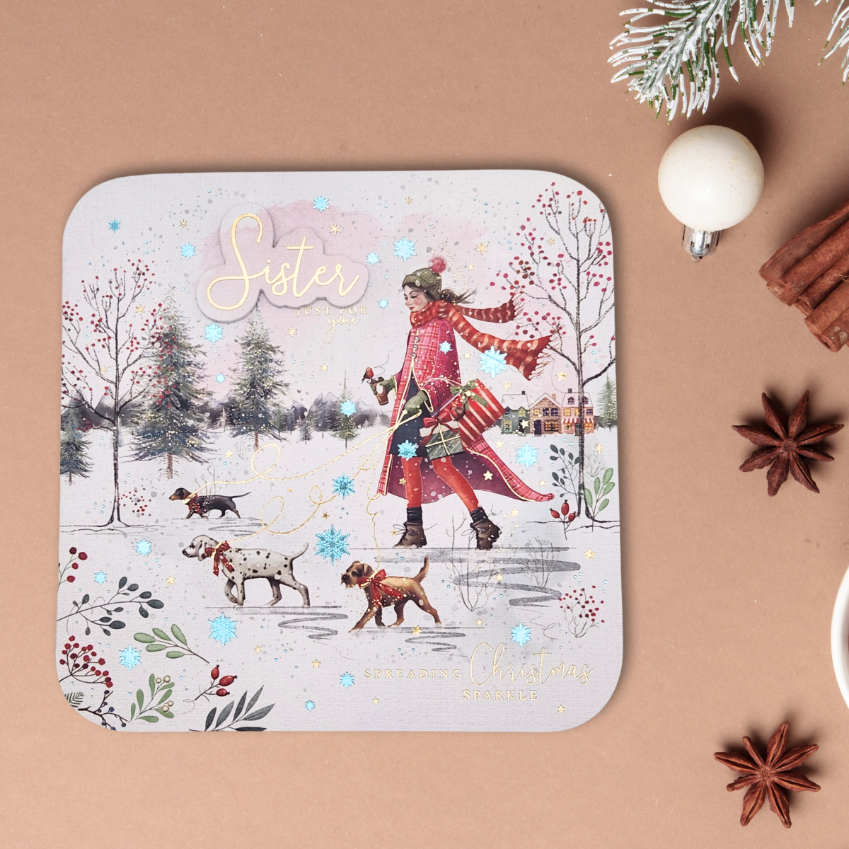 Sister Christmas Card - Decoupage Lady Walking Dogs