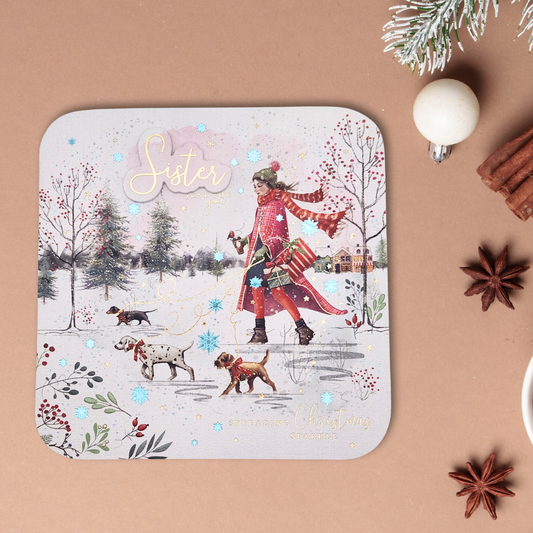 Sister Christmas Card - Decoupage Lady Walking Dogs
