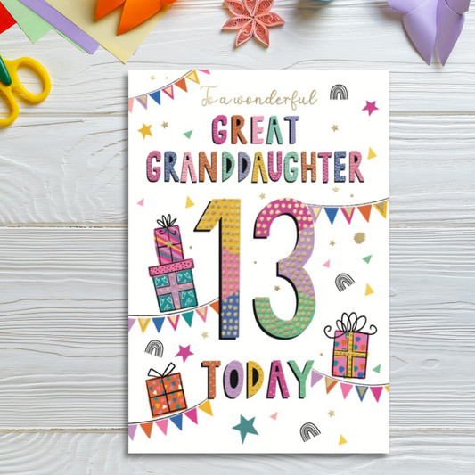Great Granddaughter 13th Birthday Card - Wonderful Wishes