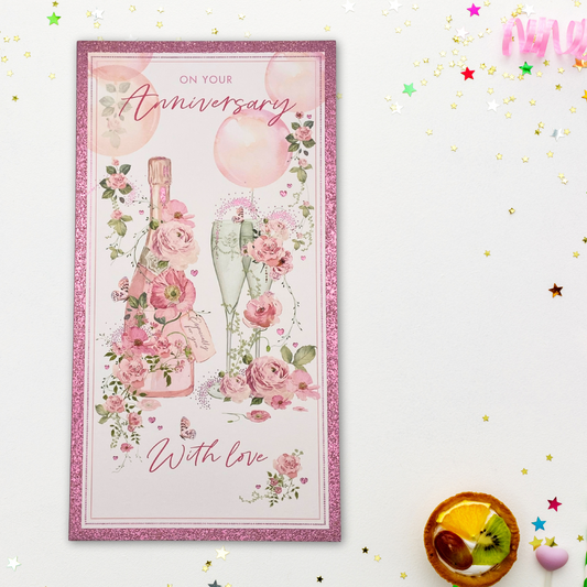 Happy Anniversary Card - Pizazz Flowers & Champagne