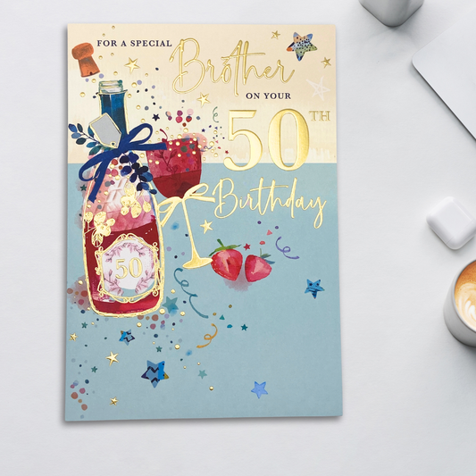 Brother 50th Birthday Card - Stars & Bubbles
