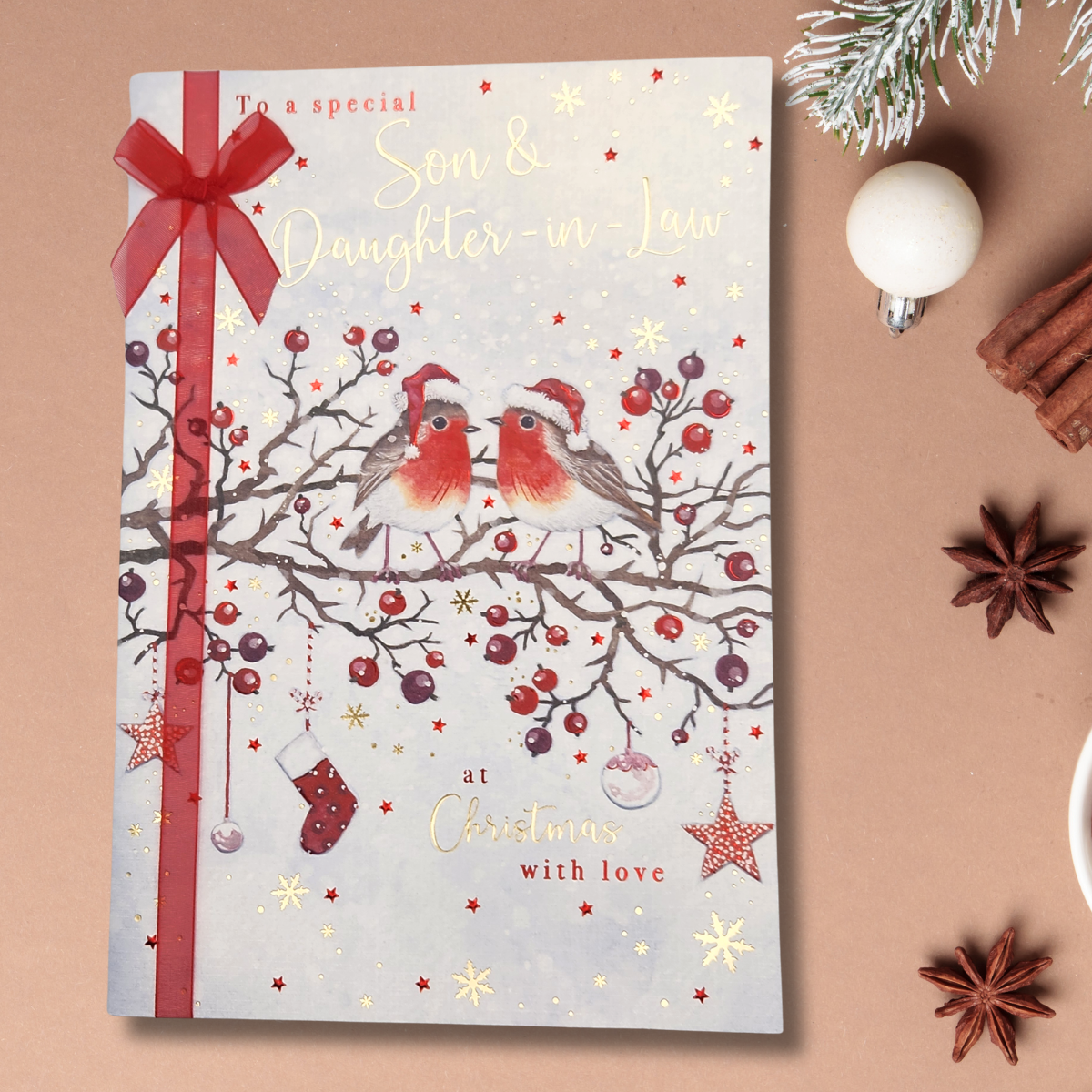 Son & Daughter-In-Law Christmas Card - Robins & Ribbons
