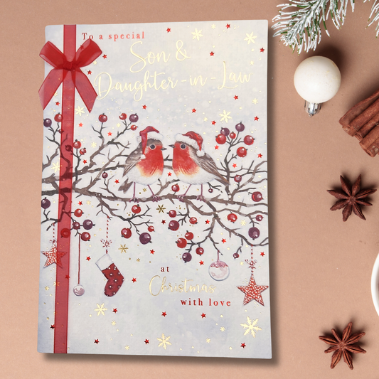 Son & Daughter-In-Law Christmas Card - Robins & Ribbons