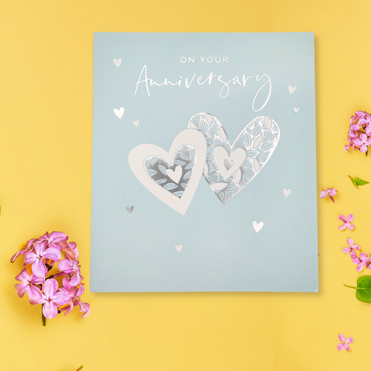 Happy Anniversary Card - Silver Hearts