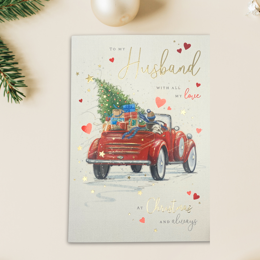 Husband Christmas Card - Red Car & Gifts