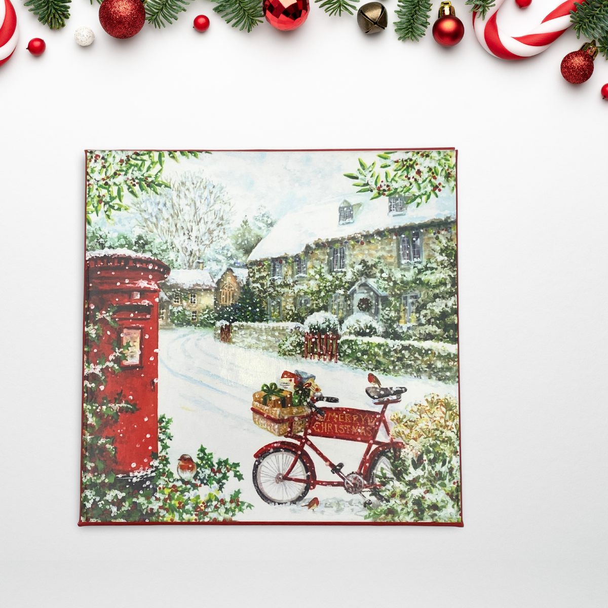 10 x Christmas Cards In Box - Postbox & Bike In Snow