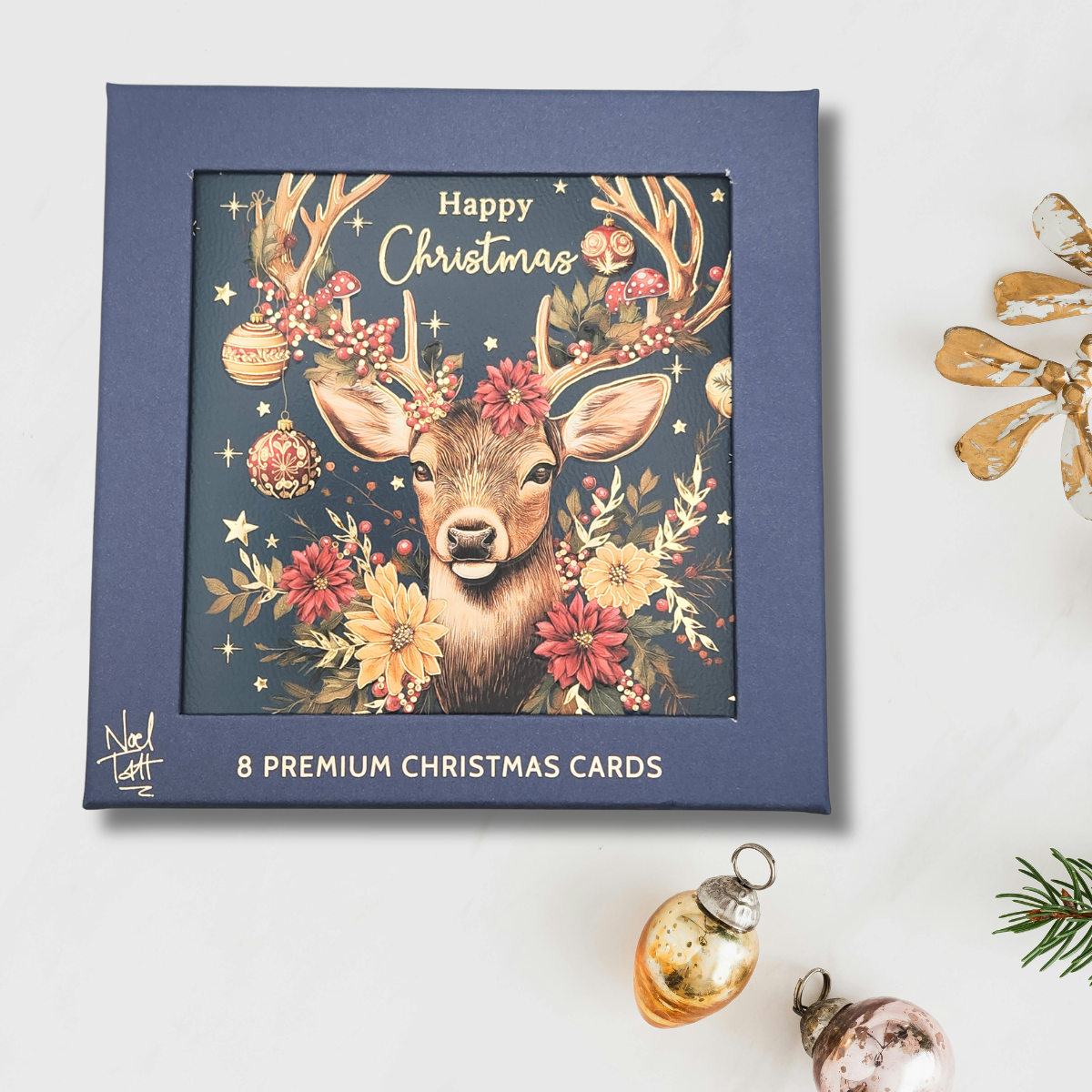 8 x Premium Christmas Cards In Box - Happy Christmas Deer