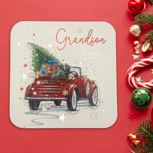 Grandson Christmas Card - Decoupage Red Car Full Of Gifts