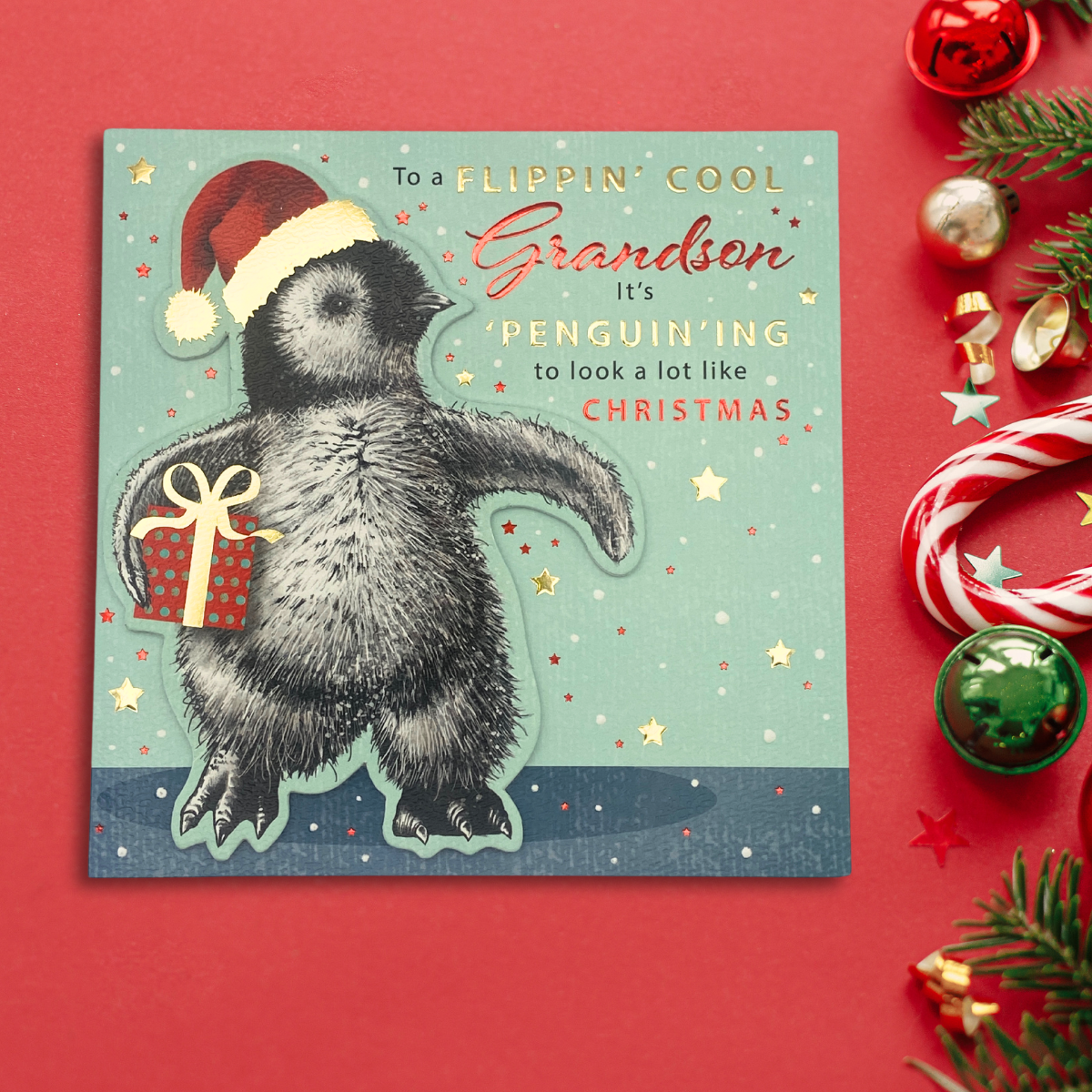 Grandson Christmas Card - Decoupage Penguin & Gift