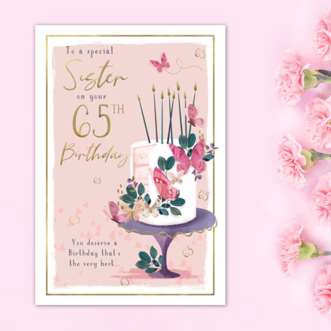 Sister 65th Birthday Card - Skylight Cake & Butterflies