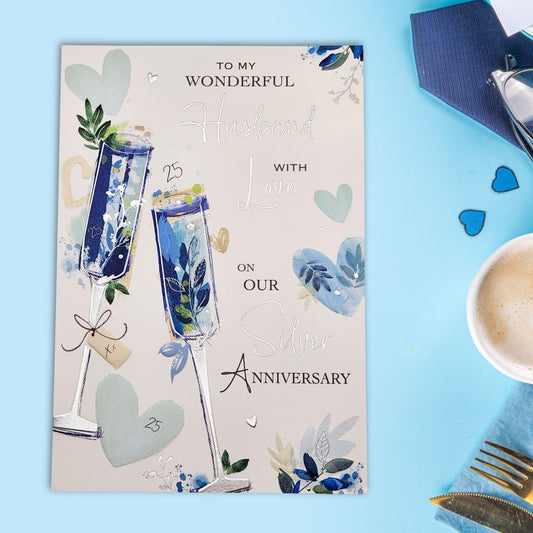Husband Silver Wedding Anniversary Card - 25th Signature Flutes