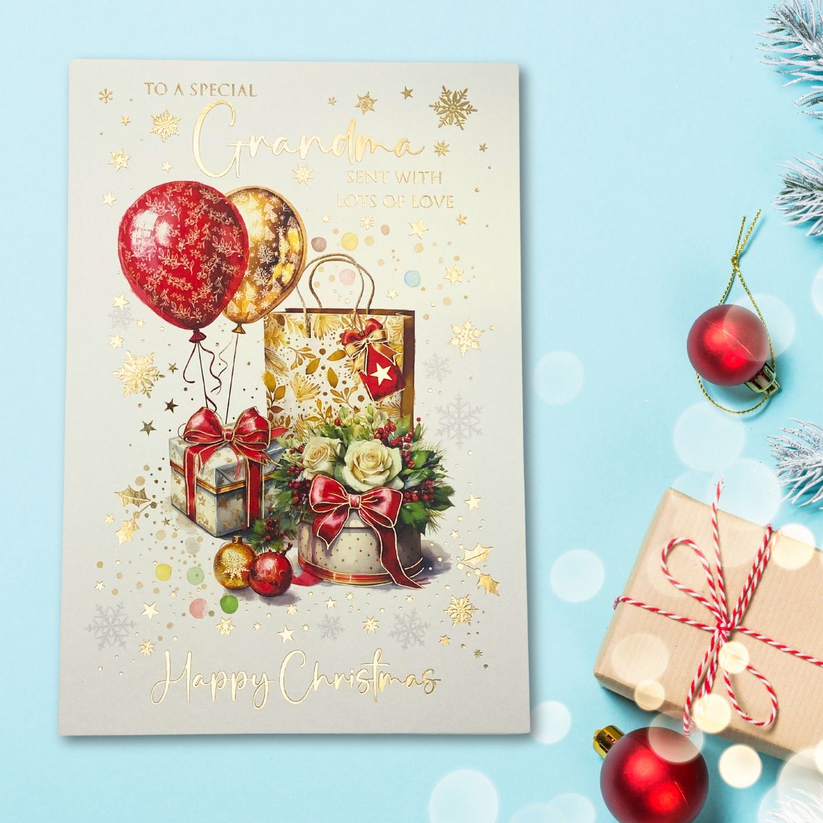 Grandma Christmas Card - Balloons & Gifts