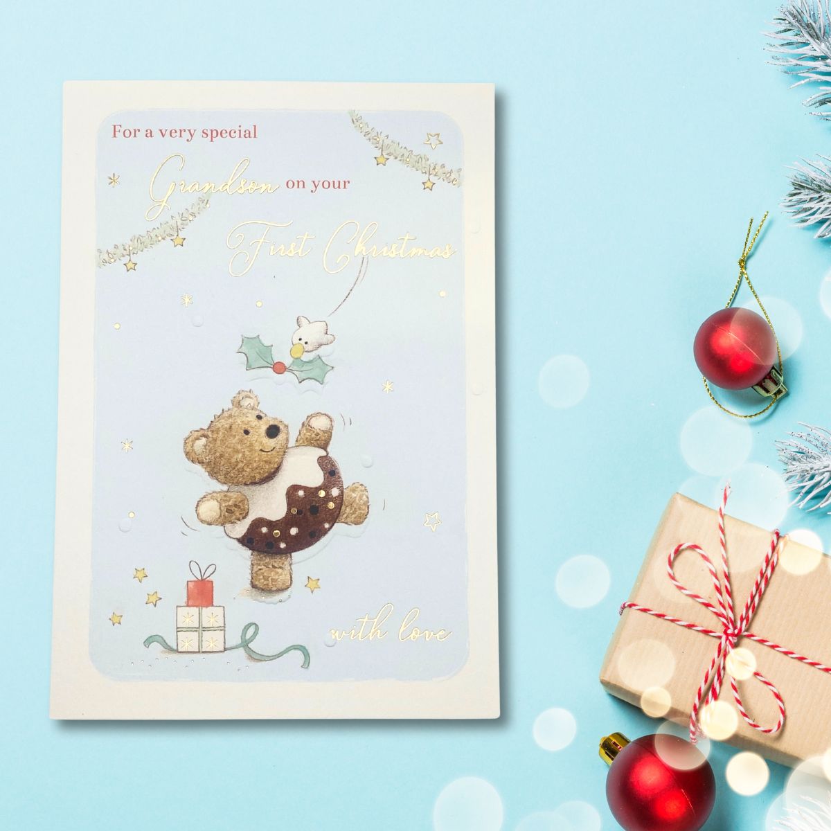 Grandson First Christmas Card - Barley Bear