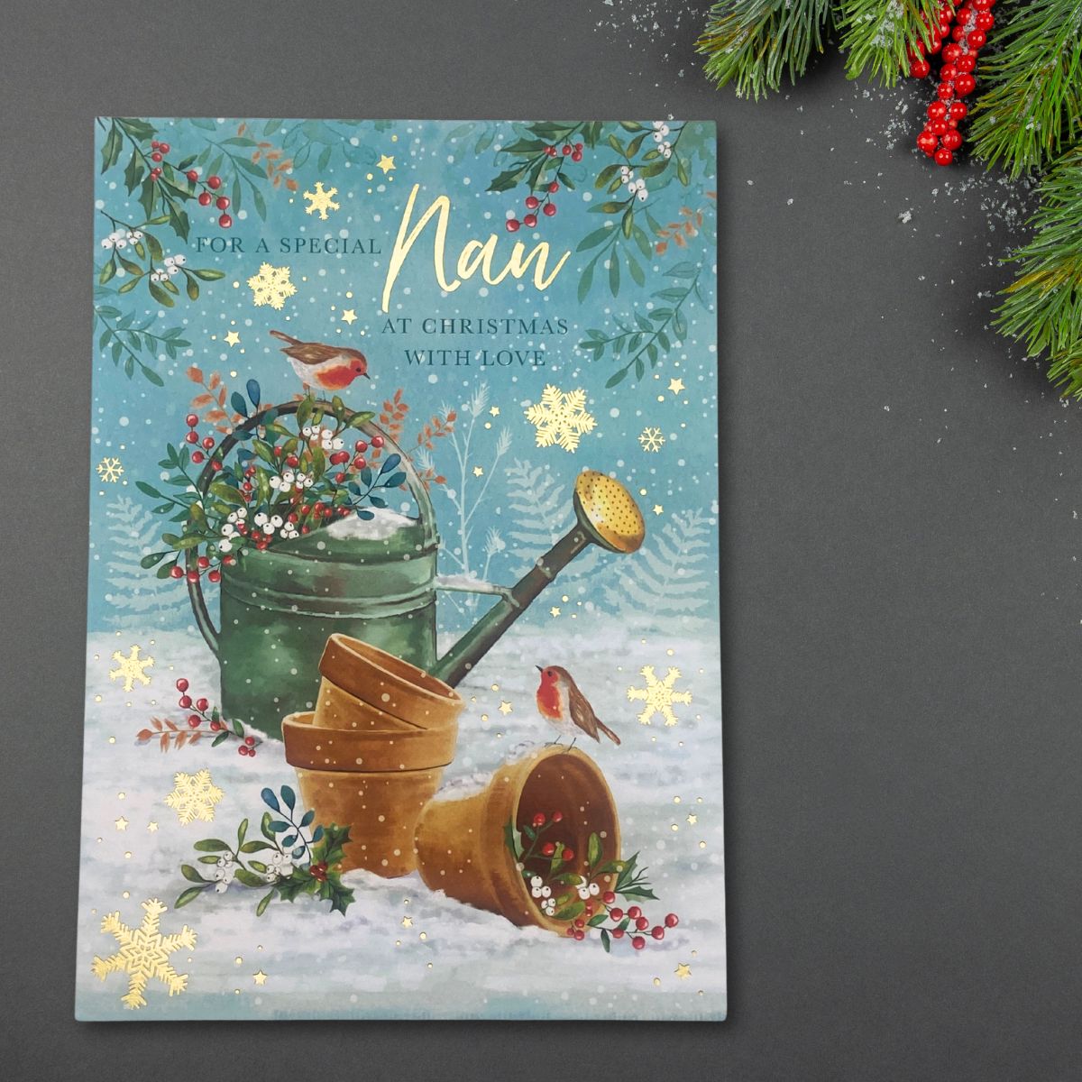 Nan Christmas Card - Robin & Watering Can