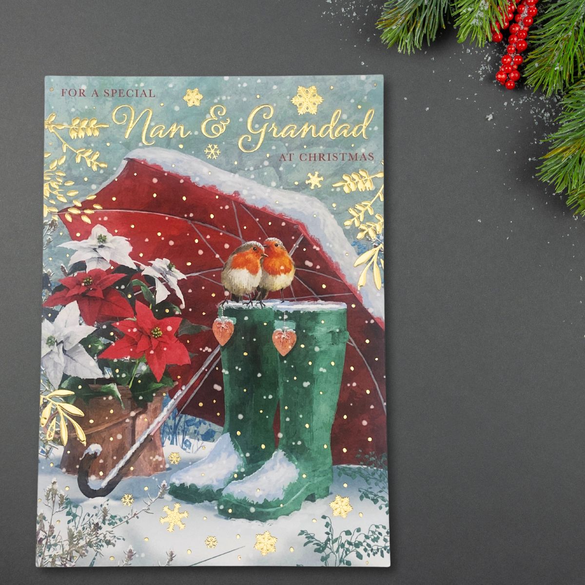 Nan & Grandad Christmas Card - Robins On Wellies
