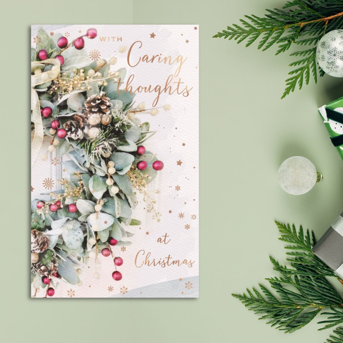 Caring Thoughts Christmas Card - Floral Wreath
