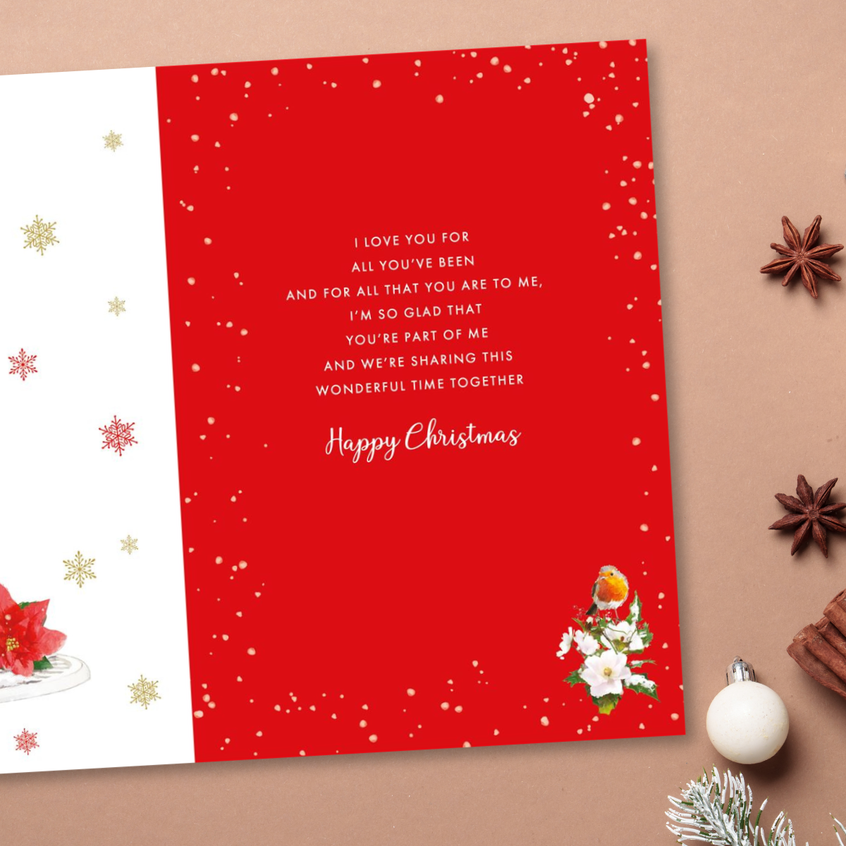 Wife Christmas Card - Snowy Robin & Poinsettia