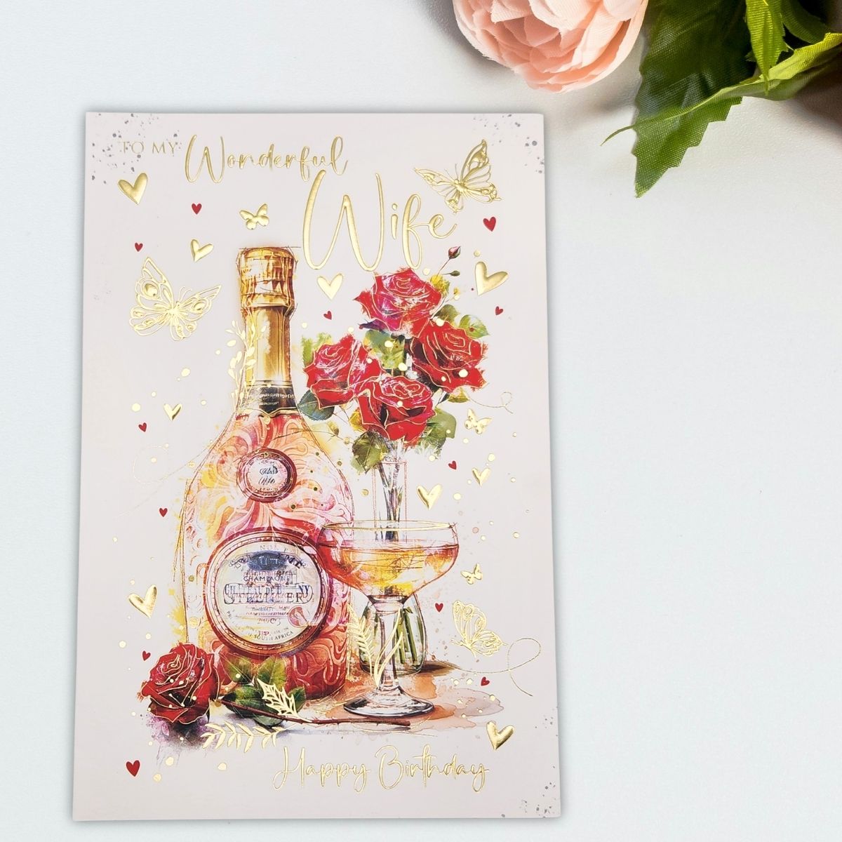 Wife Birthday Card - Champagne & Flowers