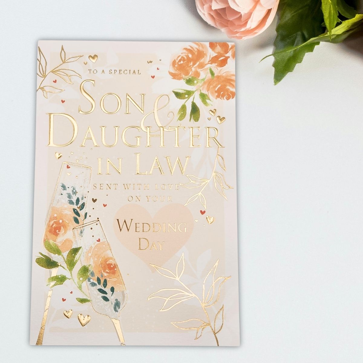 Son & Daughter-In-Law Wedding Day Card - Peach Flutes