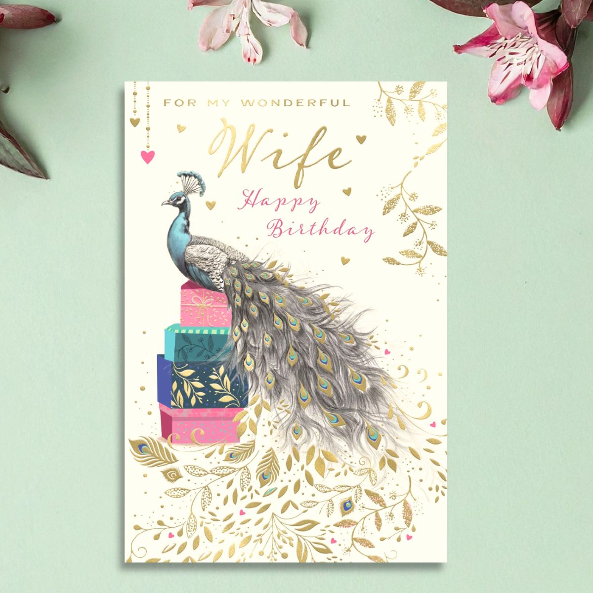 Wife Birthday Card - Peacock & Gifts