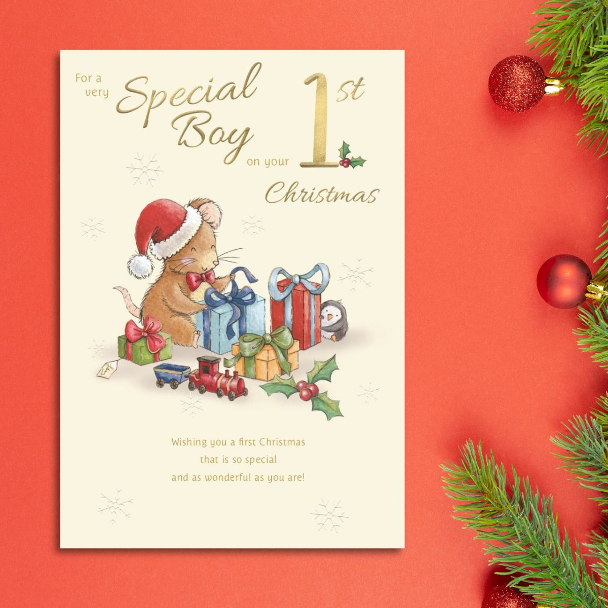Special Boy's 1st Christmas Card - Cute Mouse & Gifts