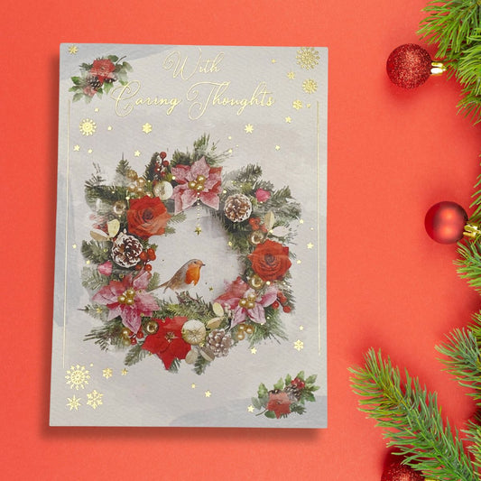 Caring Thoughts Christmas Card - Robin Wreath