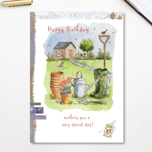 Off Grid Birthday Card - Garden Shed & Wellies