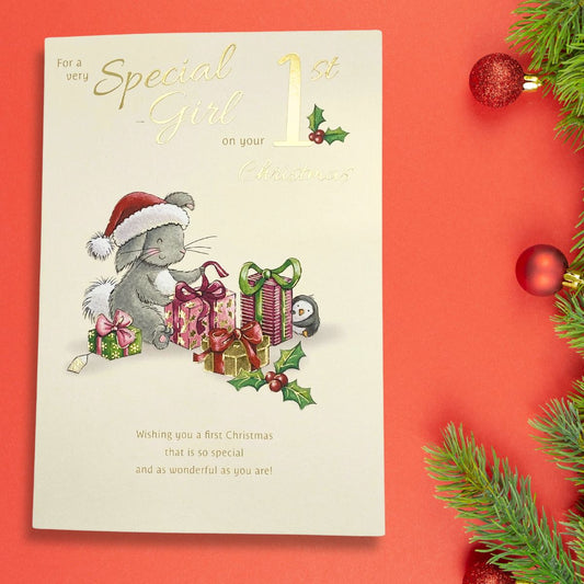 Special Girl's 1st Christmas Card - Cute Mouse & Gifts