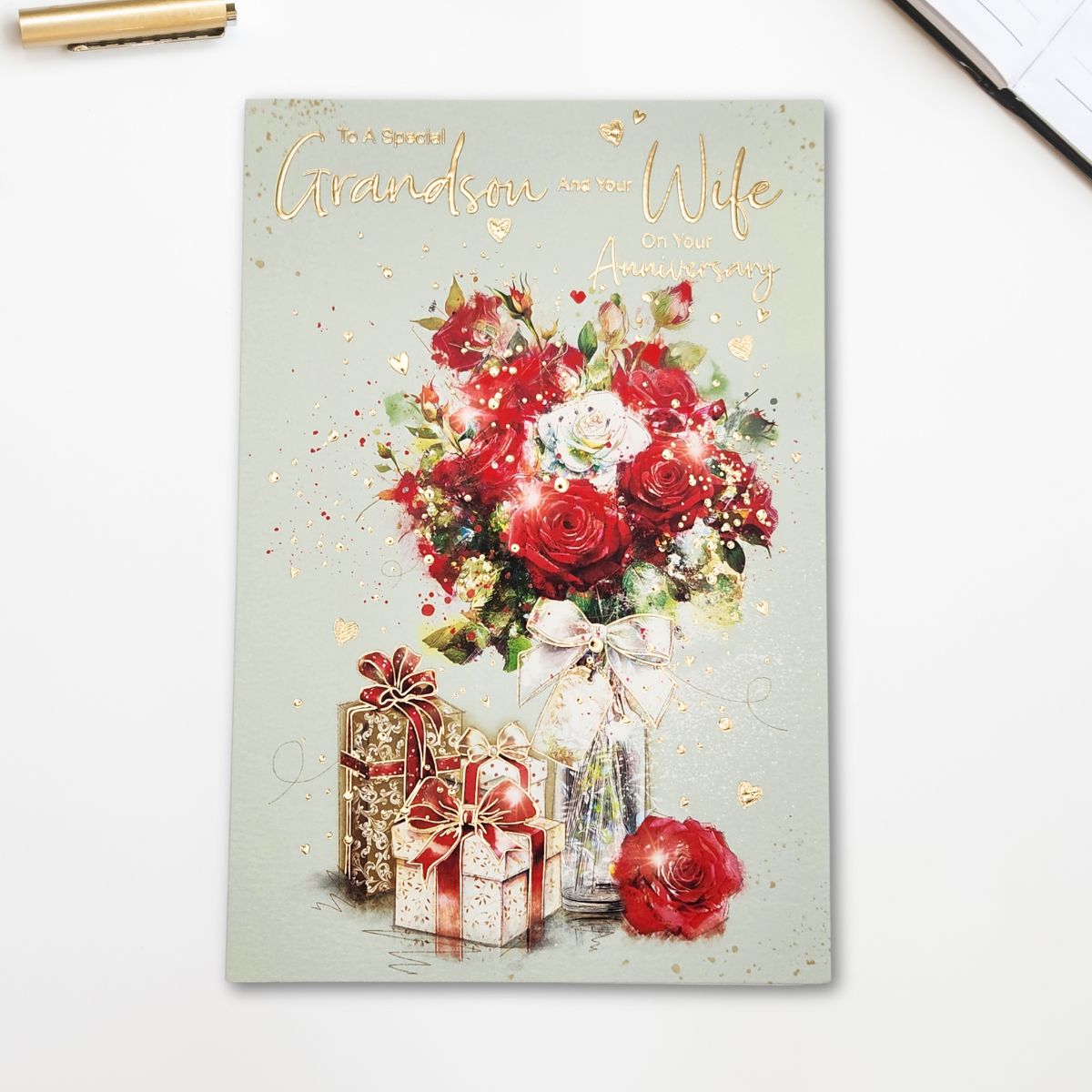 Grandson & Wife Anniversary Card - Floral Vase & Gifts