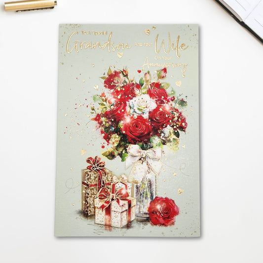 Grandson & Wife Anniversary Card - Floral Vase & Gifts