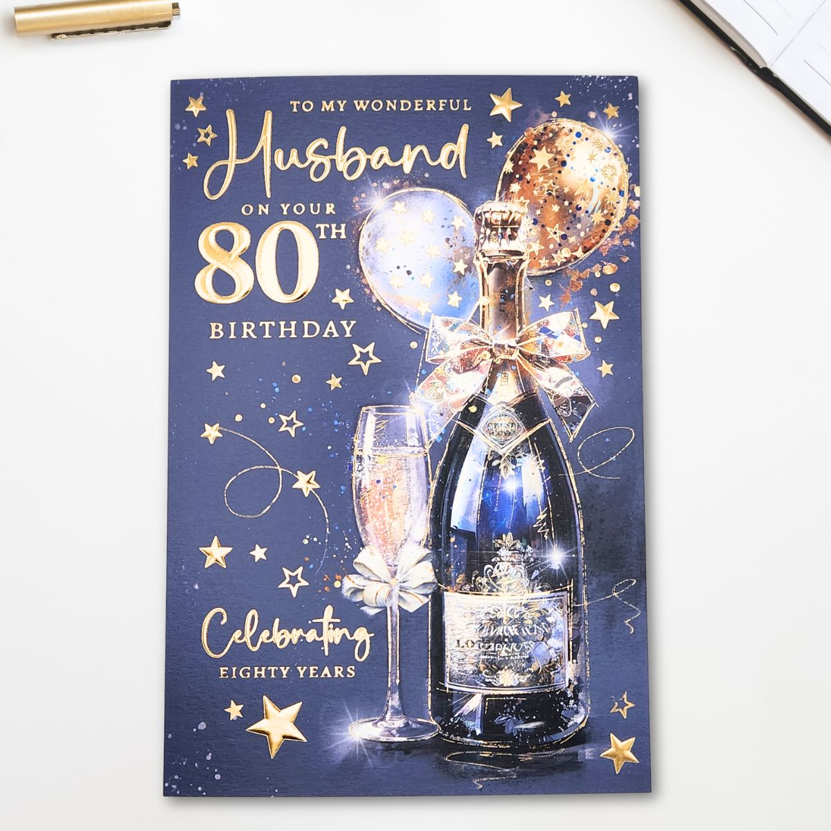 Husband 80th Birthday Card - Grayson Bottle & Balloons