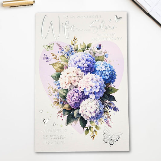 Wife Silver Wedding Anniversary Card - 25th Hydrangeas