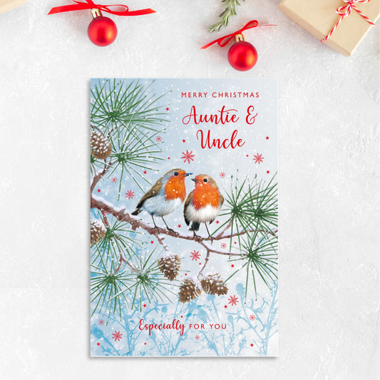 Auntie & Uncle Christmas Card - Robins & Pine Cones
