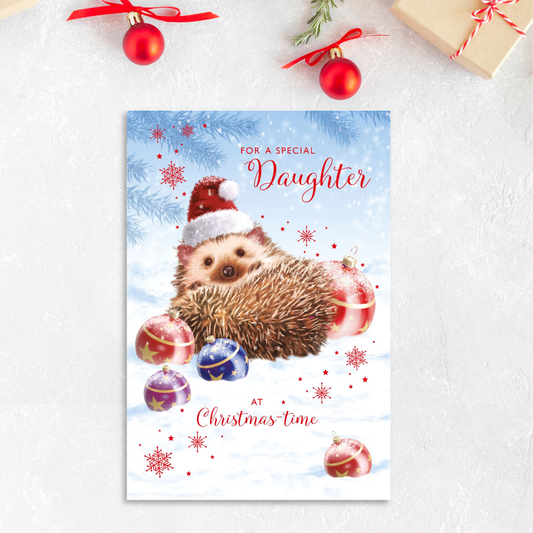 Daughter Christmas Card - Hedgehog & Baubles
