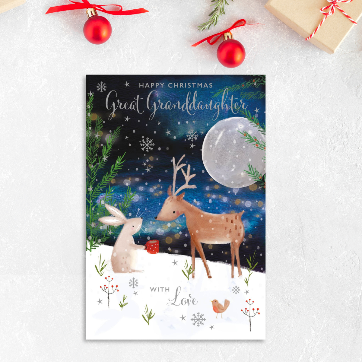 Great Granddaughter Christmas Card - Deer & Rabbit