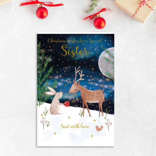 Sister Christmas Card - Deer & Rabbit