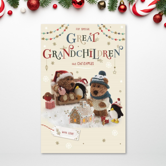 Great Grandchildren Christmas Card - Barley Bear & Penguins