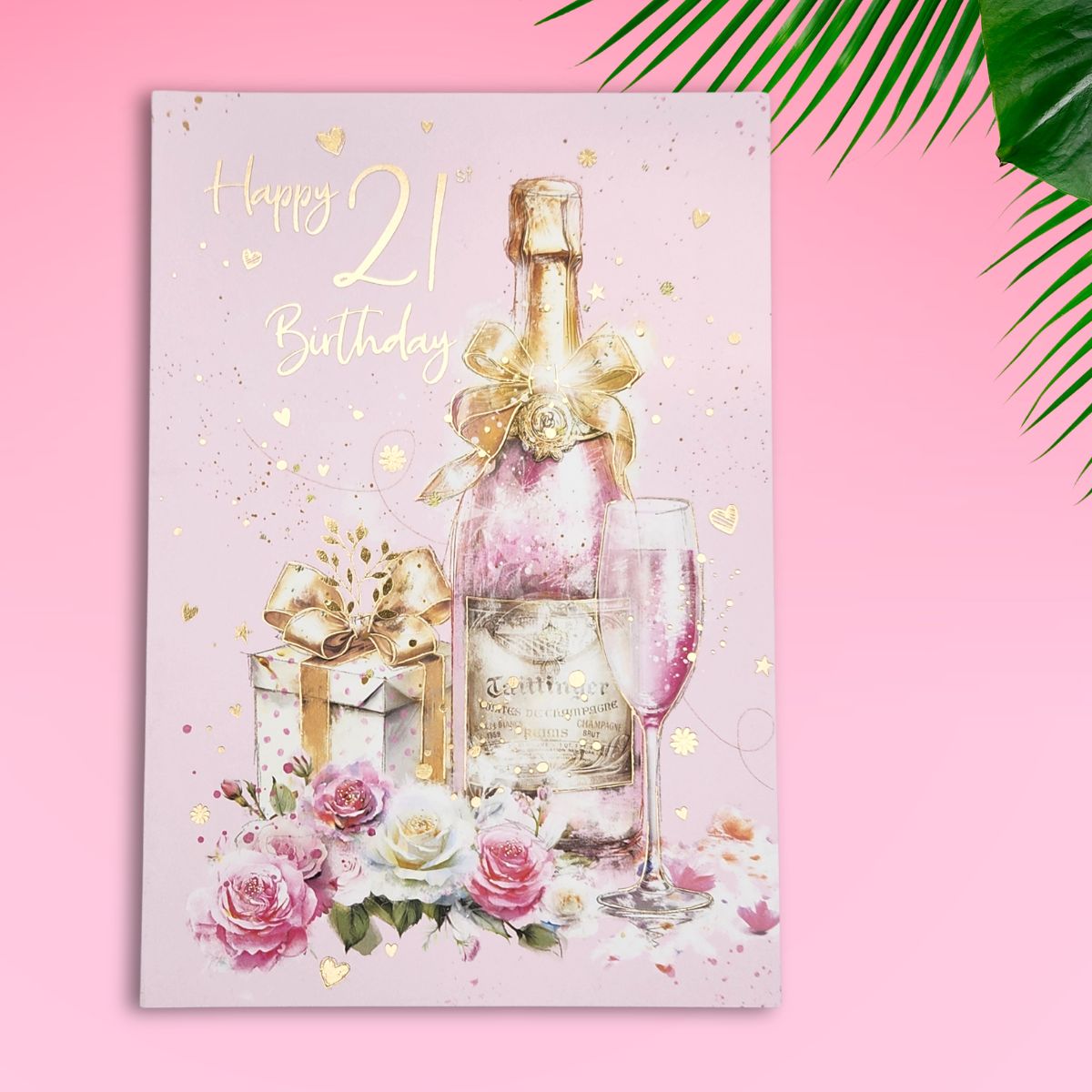 21st Birthday Card - Bubbly & Gifts