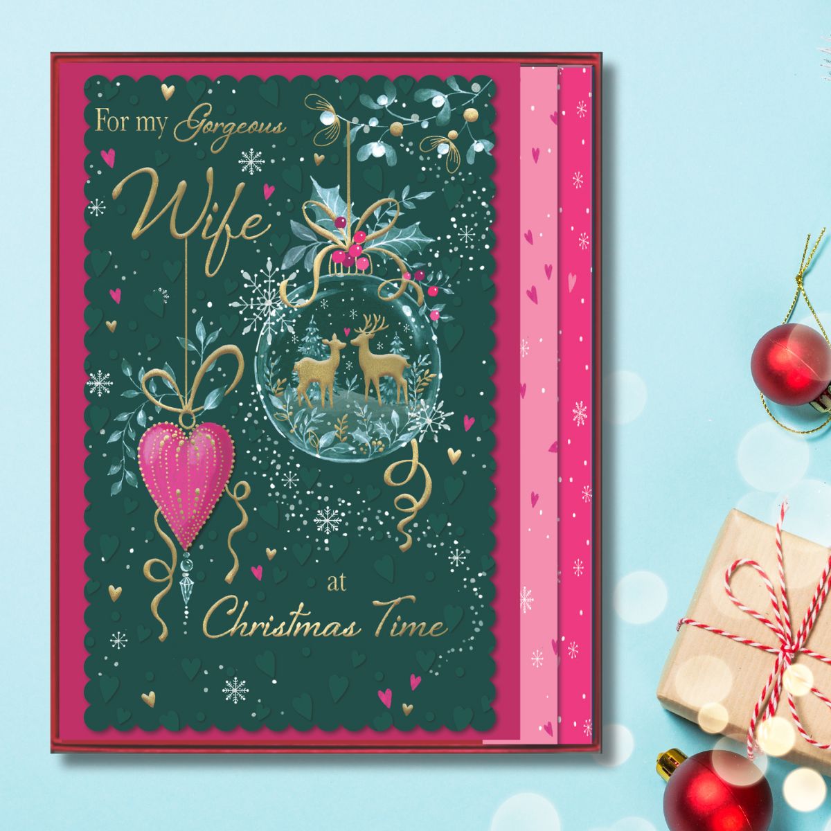 Wife Boxed Christmas Card - Deer Baubles & Heart