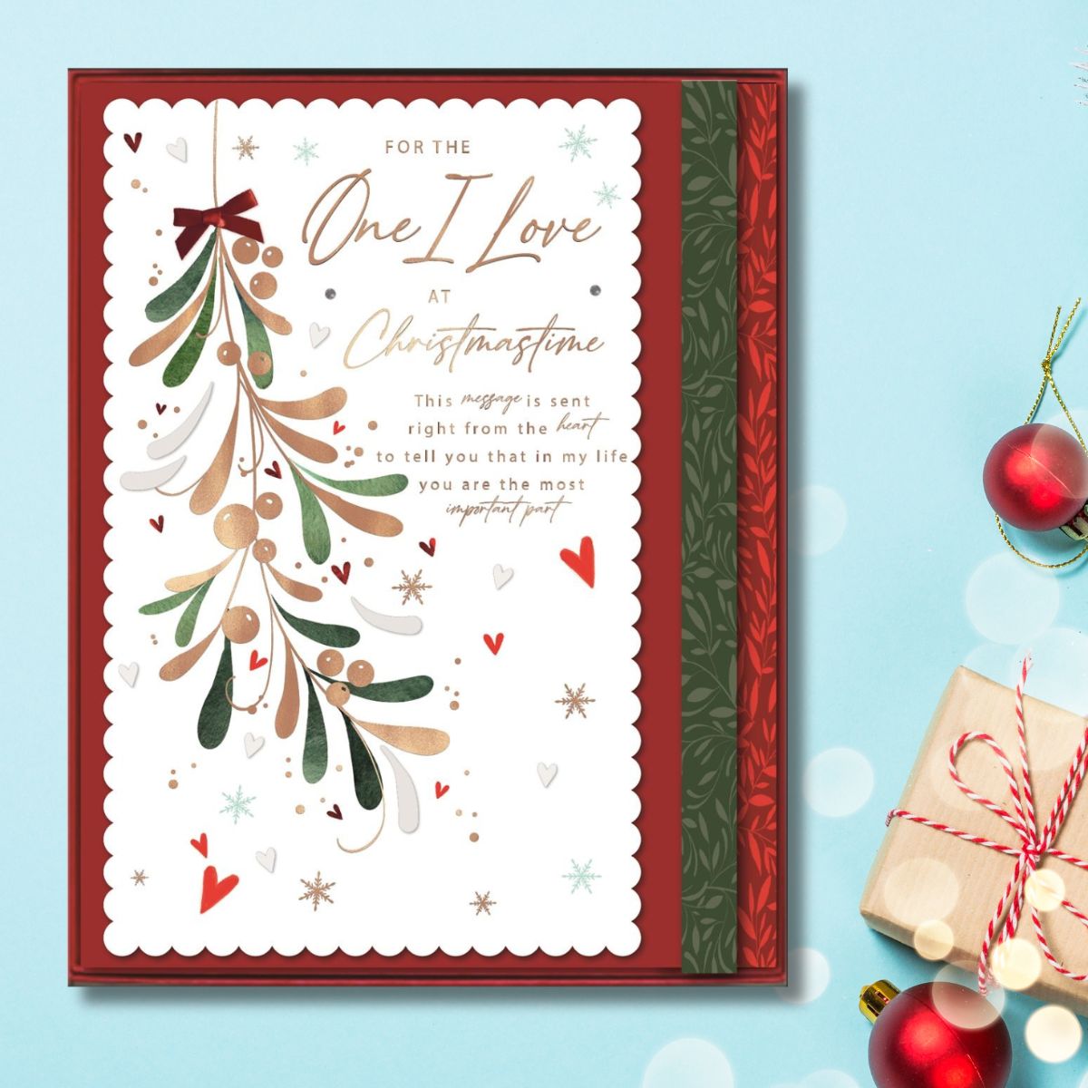 One I Love Boxed Christmas Card - Mistletoe Hearts