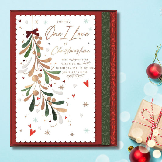 One I Love Boxed Christmas Card - Mistletoe Hearts