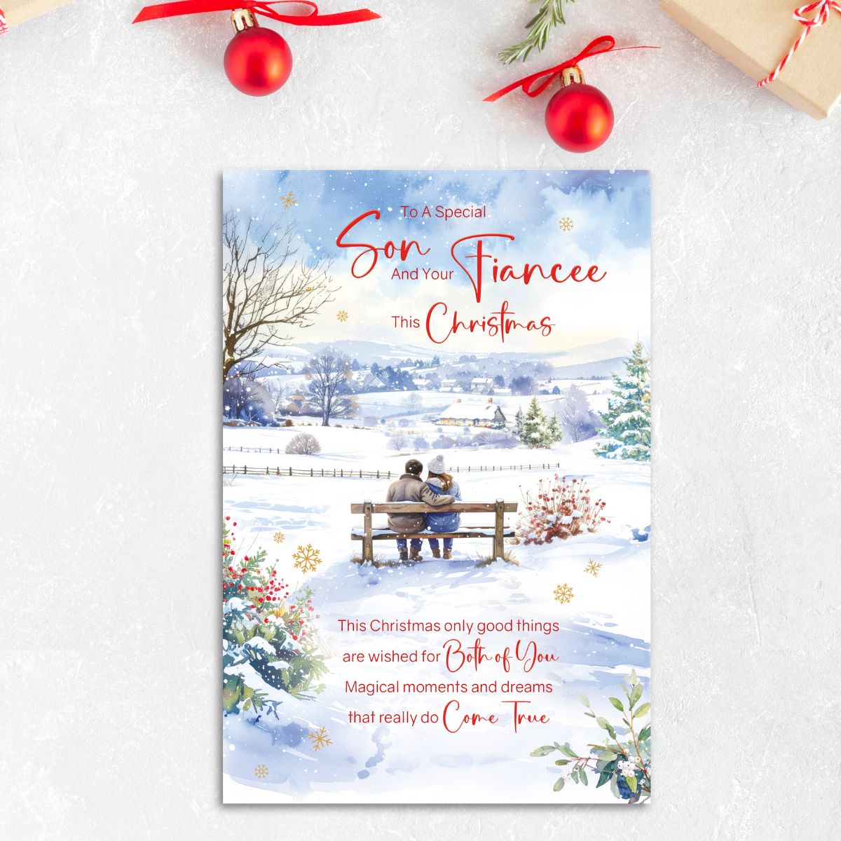 Son & Fiancée Christmas Card - Snowy Bench Embrace