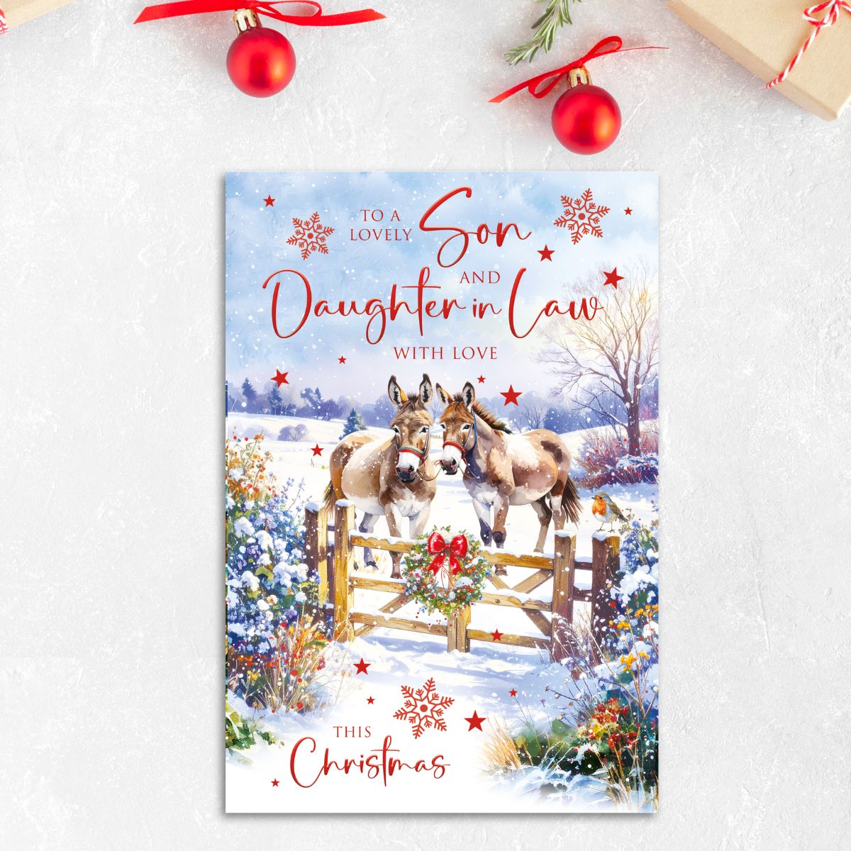 Son & Daughter-In-Law Christmas Card - Snowy Donkeys