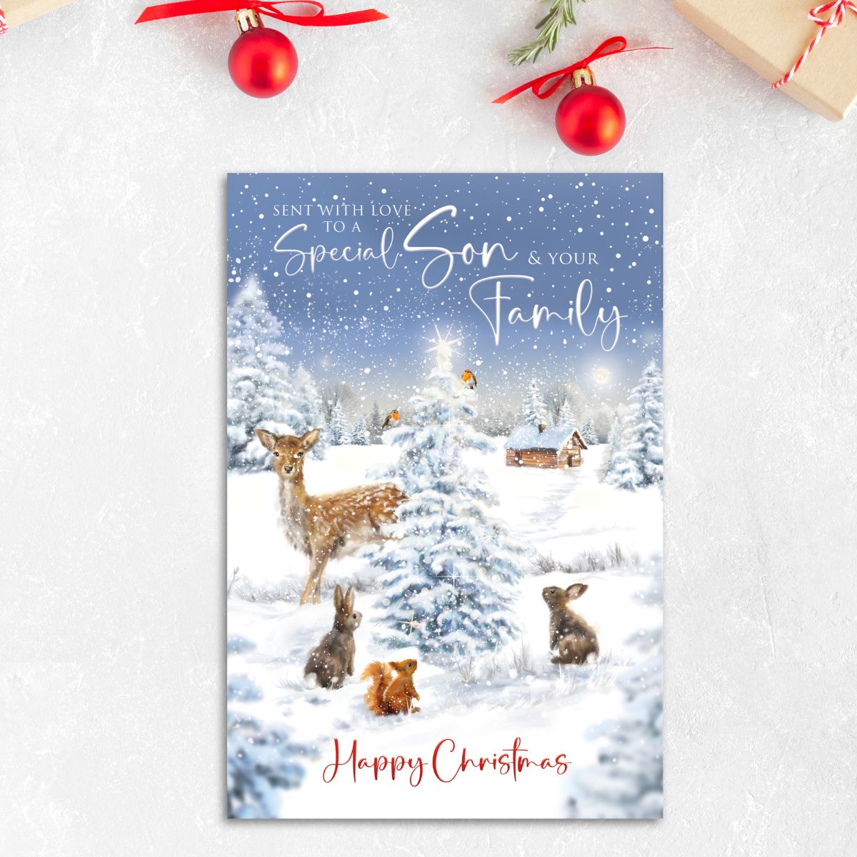 Son & Family Christmas Card - Snowy Woodland