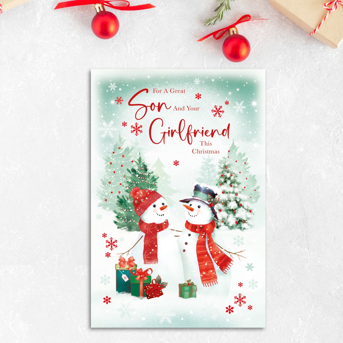 Son & Girlfriend Christmas Card - Snowmen & Gifts