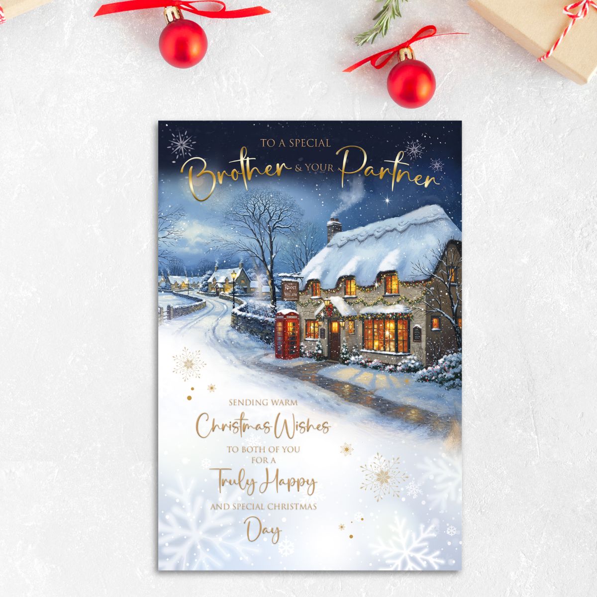 Brother & Partner Christmas Card - Snowy Cottage