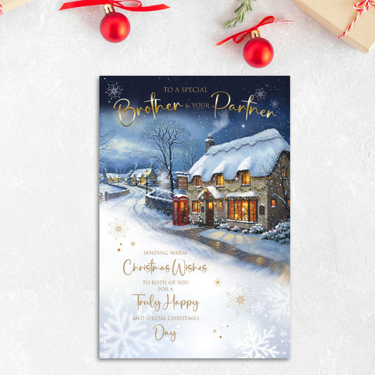Brother & Partner Christmas Card - Snowy Cottage