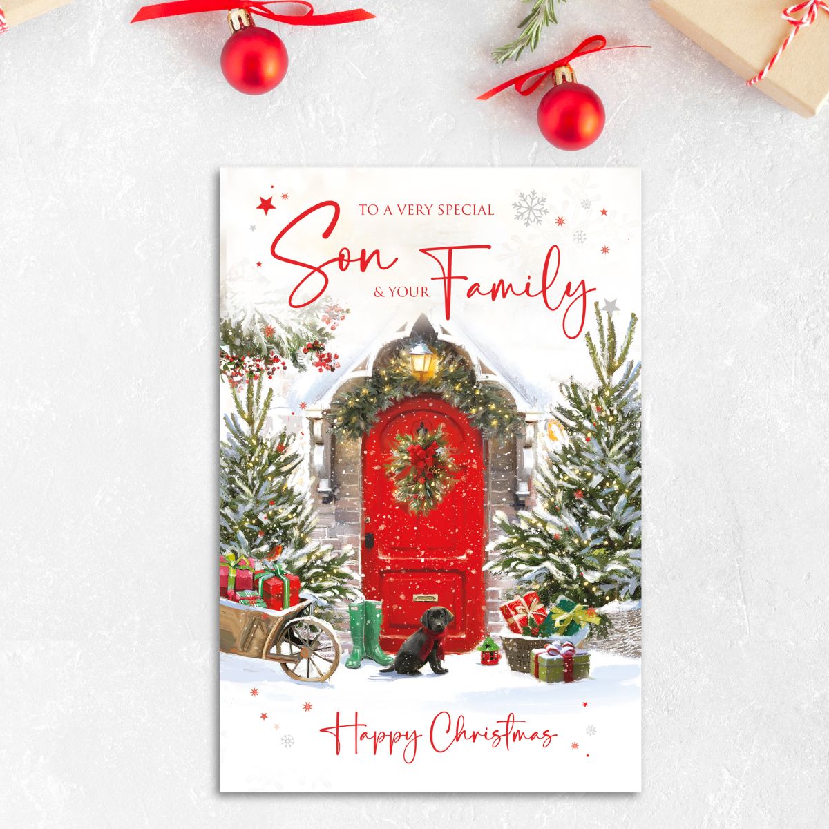 Son & Family Christmas Card - Puppy At The Door