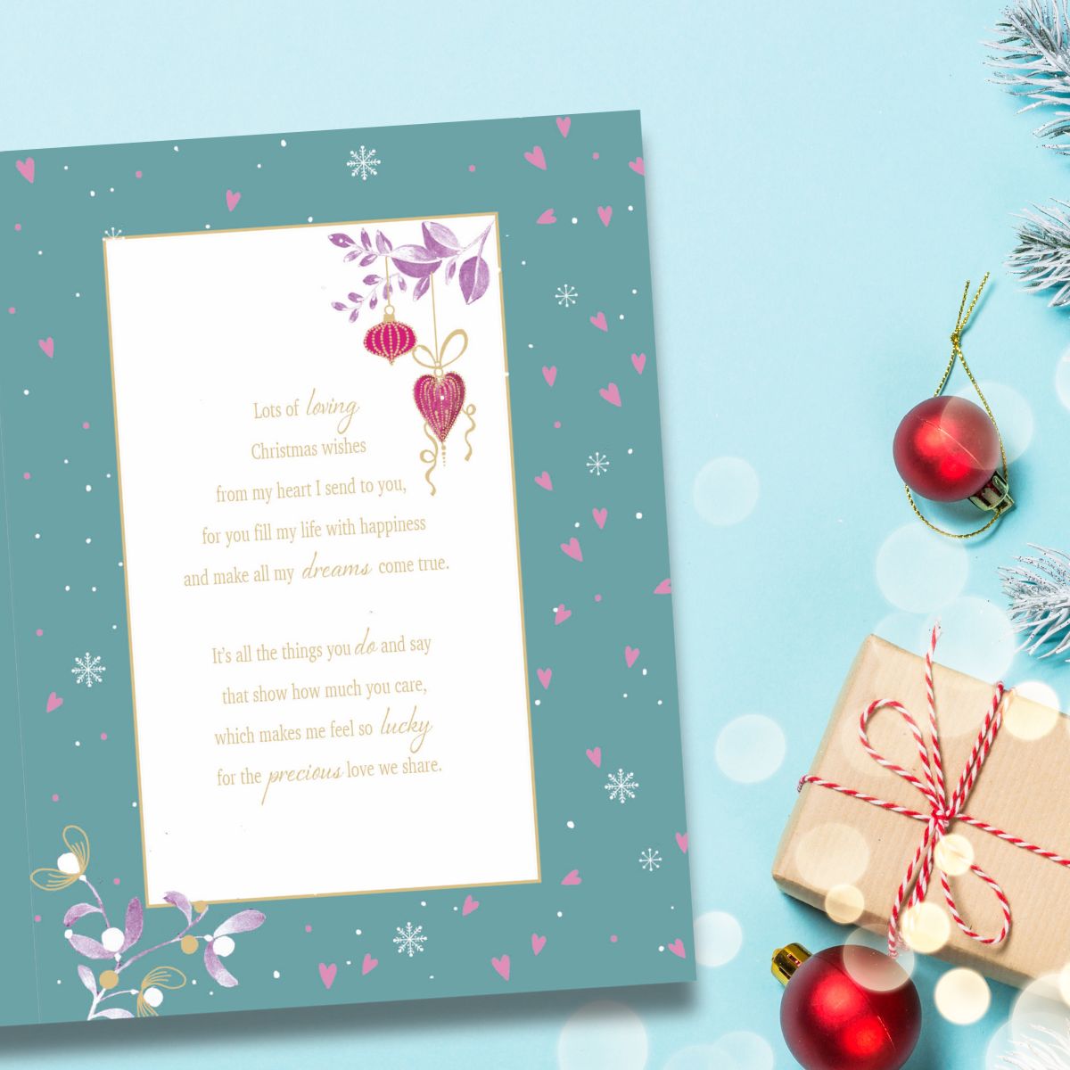 Wife Boxed Christmas Card - Deer Baubles & Heart