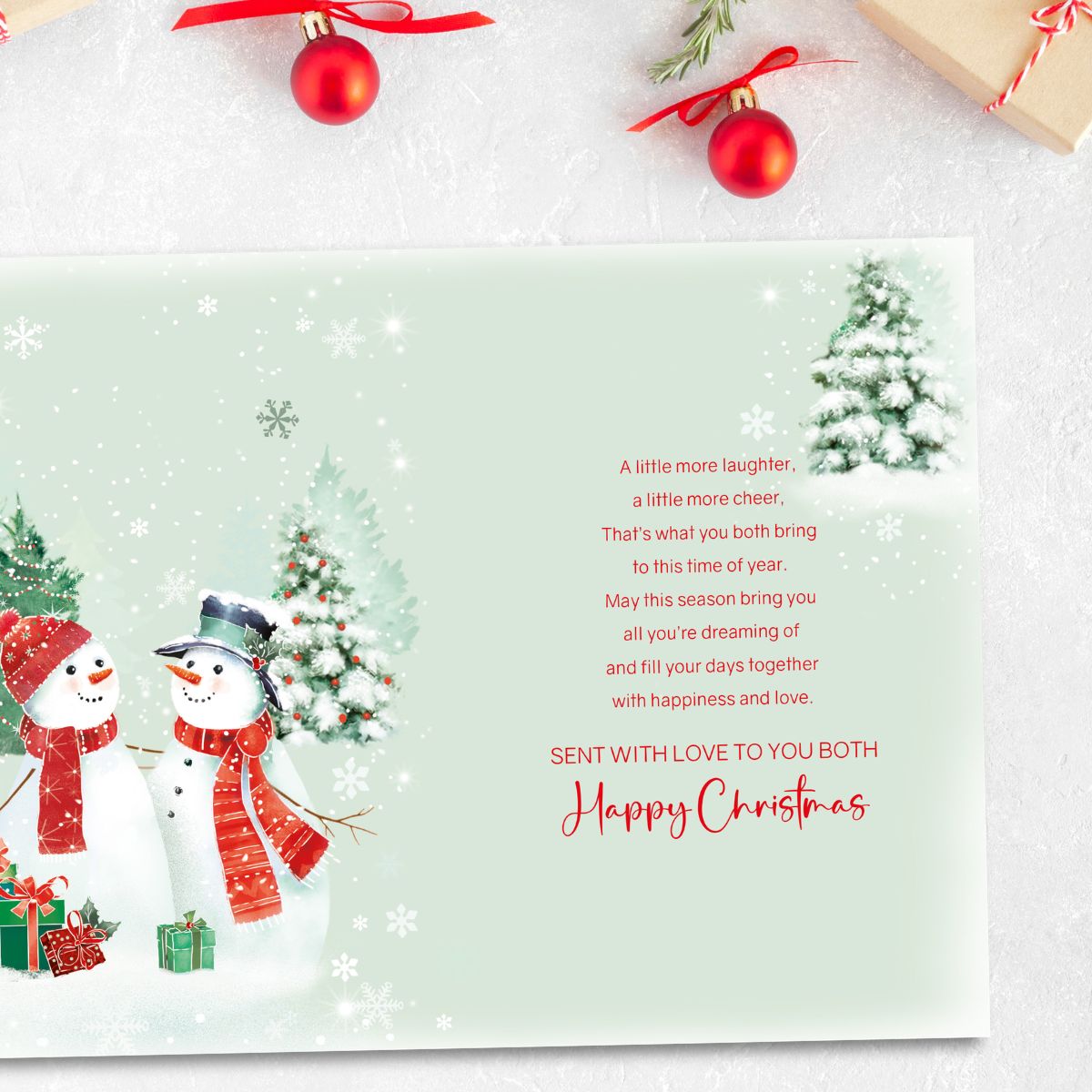 Son & Girlfriend Christmas Card - Snowmen & Gifts